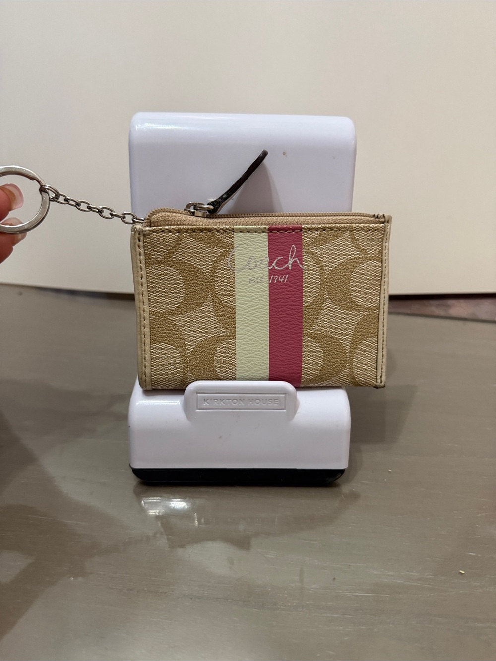 Coach Tan Canvas Key Card Holder with Cream and Pink Stripe